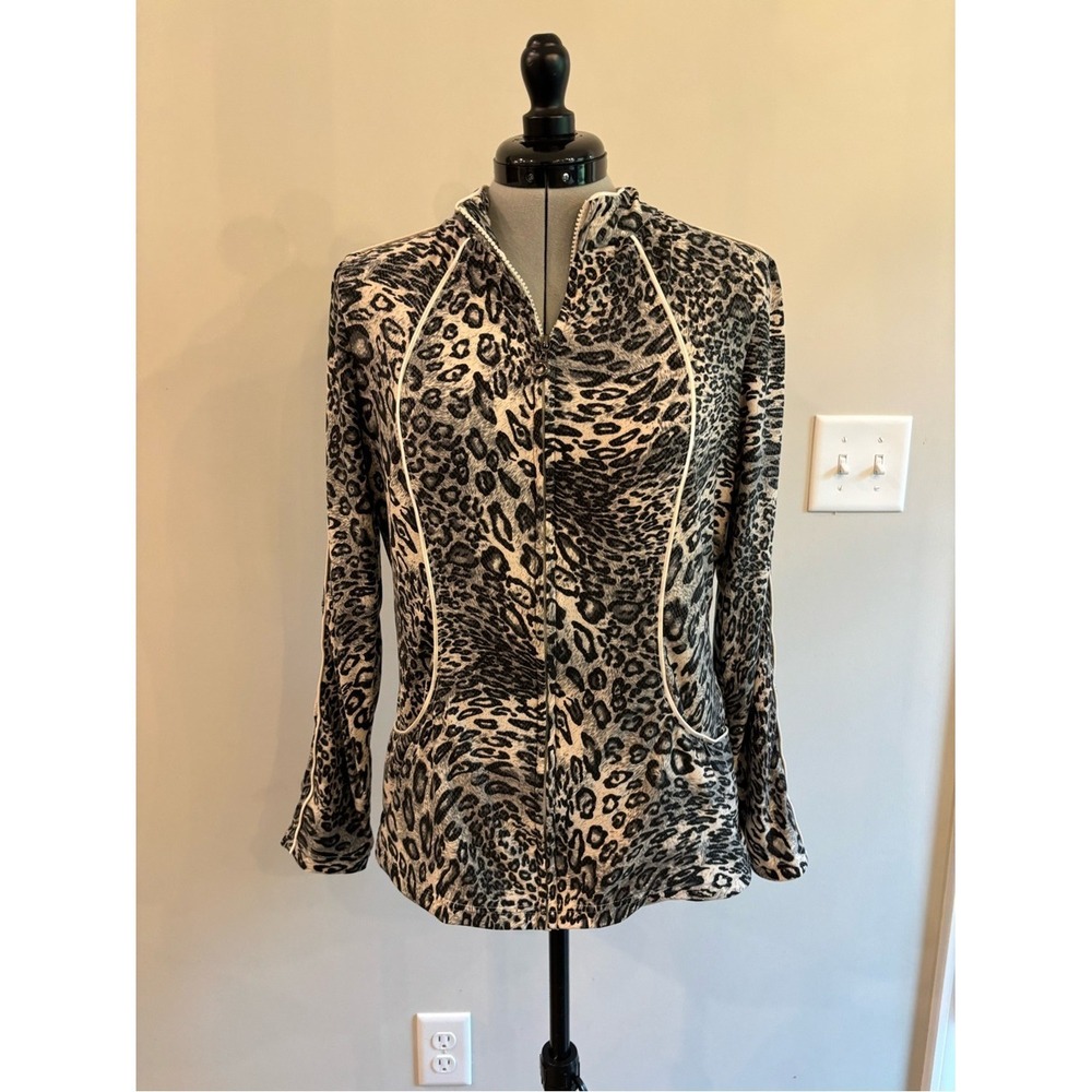 Neiman Marcus Black Cream Leopard Print Zip Hoodie Contrast Piping 0282 Womens M
